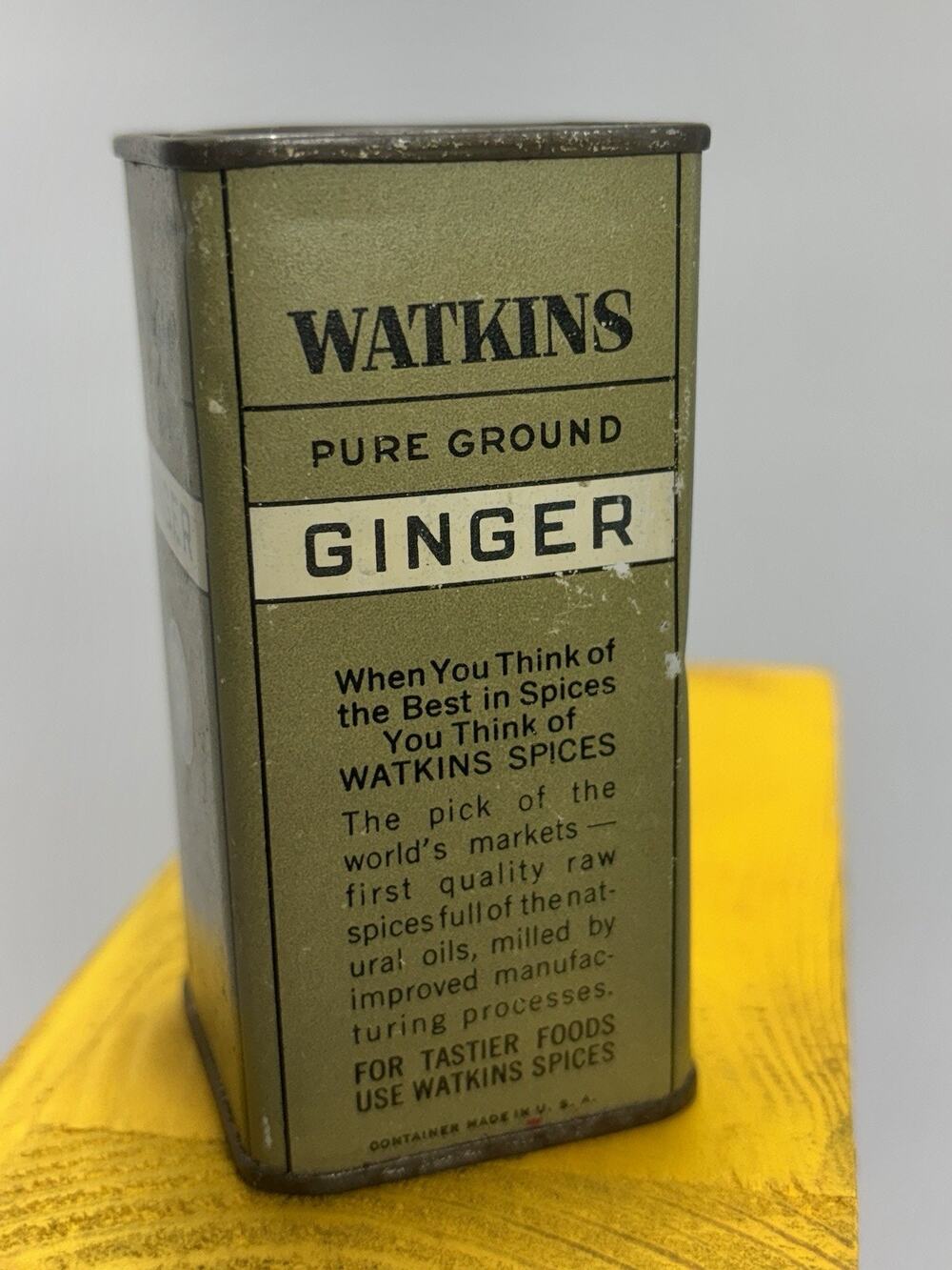 Vintage Watkins Ginger Spice Tin Litho Advertising Container 4” USA